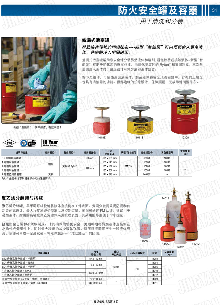 美國杰斯瑞特，JUSTRITE，活塞安全罐，盛漏式活塞罐，化學品分裝罐，